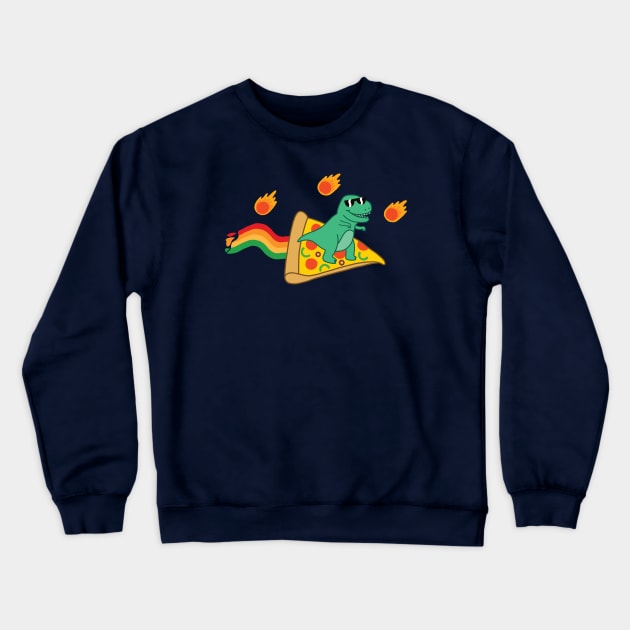 Pizza Dinosaur Surfing Past the Asteroids Crewneck Sweatshirt by awesomesaucebysandy